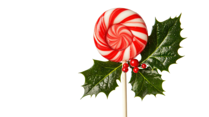 Christmas lollipop with holly isolated on a transparent background