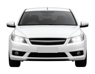White Sedan Front View with Headlights On, Isolated PNG