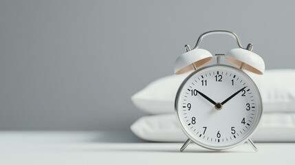 Minimalist white alarm clock beside pillows, symbolizing sleep, rest, relaxation, routine, and peaceful lifestyle in a simple calm design