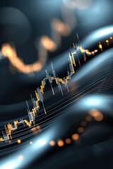 Futuristic trading graph with glowing orange lines on dark waves, symbolizing market analysis, finance, and technology in minimalist style