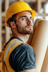 A determined engineer in a yellow helmet carrying blueprints, symbolizing construction, hard work, vision, and dedication in the engineering field