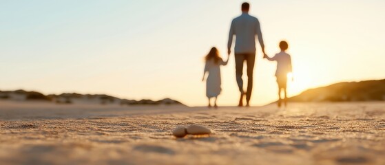 Father holding hands with two children walking along sandy beach at sunset, golden hour light symbolizing bonding, love, and peaceful family vacation.