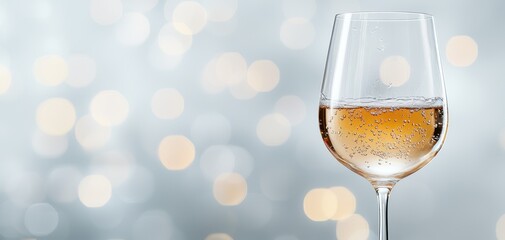 Glass of sparkling wine with bubbles against a bokeh light background, symbolizing celebration, joy, and modern elegance in minimalist style