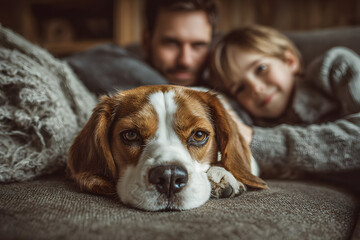 Cozy family tea time. Father, mother and son at the home living room. Boy lying in comfortable sofa and stroking their beagle dog and smiling. Peaceful family moments concept image.