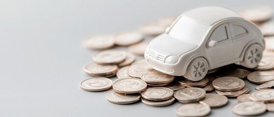 White toy car on pile of coins, symbolizing auto finance, insurance, loan, saving plan, and minimalist money concept.