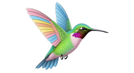 Isolated hummingbird with colorful wings mid-flight ready to drink from a flower for nectar