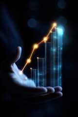 Business growth graph with glowing data bars held in hand, symbolizing success, innovation, and future opportunities.