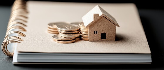 Miniature house with stacked coins on notebook, symbolizing savings, investment, financial planning, and minimalist economy concept