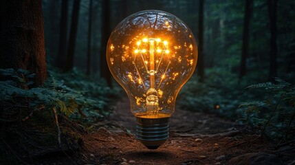 Glowing glass bulb radiates light in the middle of the forest, symbolizing creativity, inspiration, and the power of bright ideas within nature