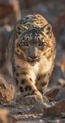 Obraz premium Snow leopard walking through rocky terrain.