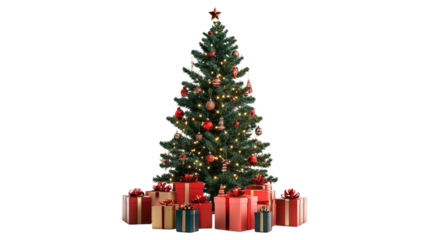 Christmas tree with red and gold presents isolated on a transparent background