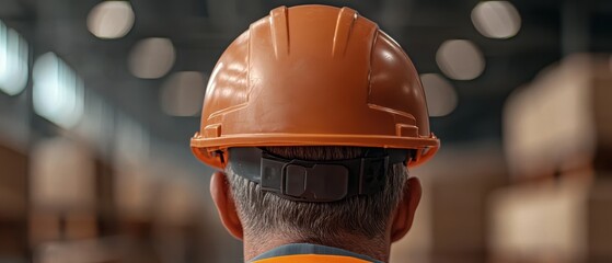 Back view of worker wearing protective helmet in warehouse, symbolizing safety, construction, and industrial workplace environment.