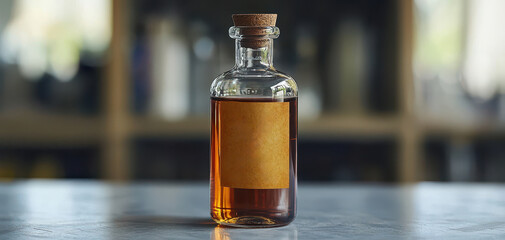 Glass bottle with cork filled with brown liquid on blurred background, representing herbal medicine, natural extract, organic drink, essential oil, and apothecary concept.