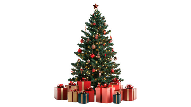 Christmas tree with red and gold presents isolated on a transparent background