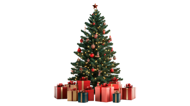 Christmas tree with red and gold presents isolated on a transparent background