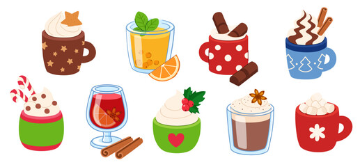 Winter Christmas hot drinks set. Cartoon mugs and glasses with cocoa, coffee, tea, mulled wine, whipped cream, marshmallows, and spices. Cozy, warm seasonal drinks for cards and holiday decor.