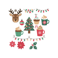 Christmas Clipart Set with Reindeer, Coffee Mugs, Cupcakes, Ornaments and Tree