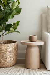 Minimal modern home decor with wooden table, ceramic cup, and green plant in woven basket, symbolizing simplicity, nature, and cozy living.