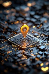 Golden location pin on microchip, symbolizing GPS, technology, navigation, innovation, and digital connectivity in minimalist futuristic style