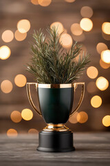 Golden trophy cup with pine branch decoration and festive bokeh lights, symbolizing celebration, victory, Christmas holiday, achievement, and festive success concept.