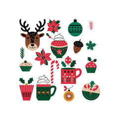 Cute Christmas Elements Set with Reindeer, Ornaments, Cupcakes and Hot Cocoa