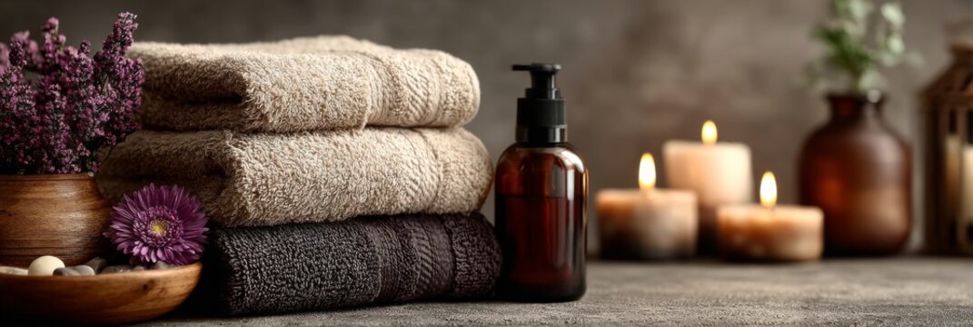 Folded towels with lavender flowers candles and spa accessories on stone surface