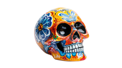 Colorful ceramic skull with floral patterns isolated on a transparent background