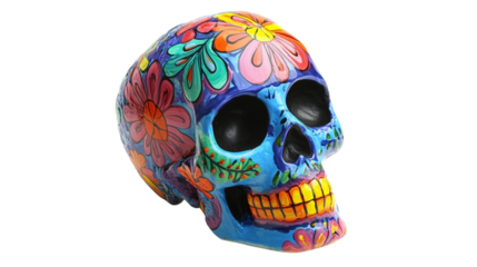 Colorful painted ceramic skull isolated on a transparent background