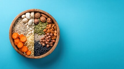 A wooden bowl containing a variety of colorful fruits and nuts on a vibrant blue background.