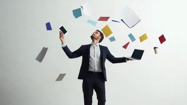 Businessman in a suit is juggling a laptop. Smartphone. And coffee cup while papers fly around him against a white background. Representing the challenges of multitasking in a busy work environment