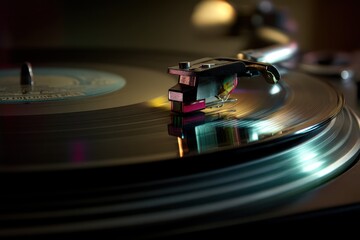 Vintage Vinyl Record Playing on Turntable with Retro Light