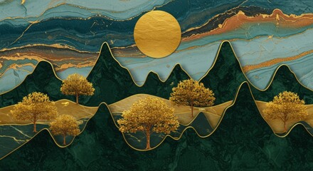 Golden trees with sun and mountains — dreamy painted landscape wall mural