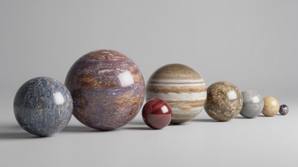 Row of spheres, varying in size and color, resembling planets