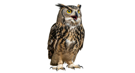 Isolated Eurasian eagle owl with open mouth, beautiful animal, standing, looking forward
