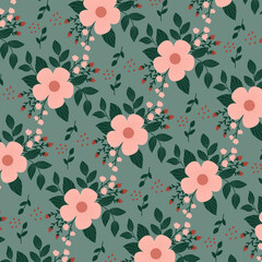 Seamless Spring Floral Pattern with Pink Blossoms and Green Leaves on Soft Olive Background – Botanical Nature-Inspired Design for Textile and Wallpaper