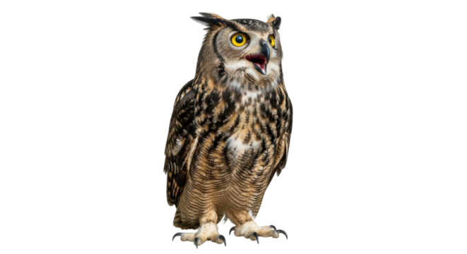 Isolated Eurasian eagle owl with open mouth, beautiful animal, standing, looking forward