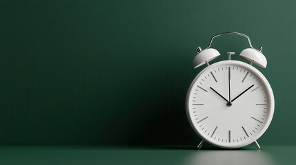 Minimalist white alarm clock against green wall, symbolizing time, punctuality, routine, and balance in a calm and simple lifestyle