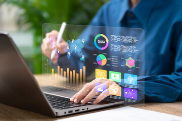 Business Digital Transformation Marketing Analysis Concept, Businesswoman Analyst Evaluating Global Finance, Investment Strategy, Market Trends, Business Growth, Corporate Goals, Worldwide Development
