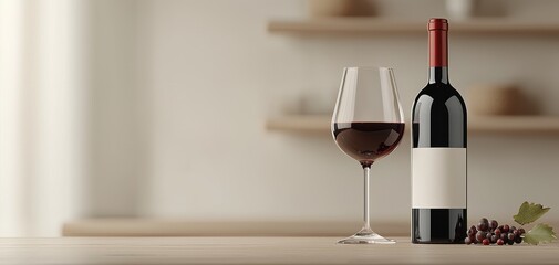 Glass and bottle of red wine with grapes on a wooden table, symbolizing elegance, celebration, and refined lifestyle in minimalist style