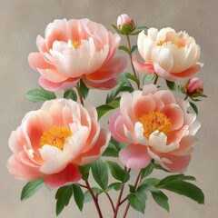 Fototapeta premium Elegant Peonies in Soft Pastel Tones with Delicate Petals and Lush Green Foliage in Artistic Arrangement