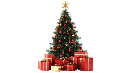 Decorated Christmas Tree with Red Gifts isolated on a transparent background