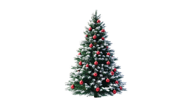 Decorated Christmas tree with red ornaments isolated on a transparent background 