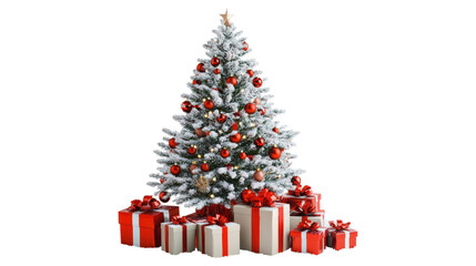 Flocked Christmas Tree with Red Ornaments and Gifts isolated on a transparent background