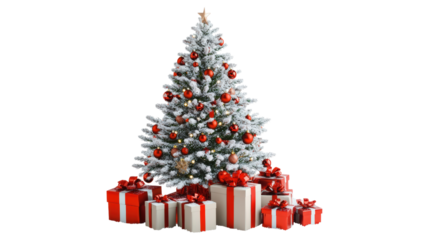 Flocked Christmas Tree with Red Ornaments and Gifts isolated on a transparent background