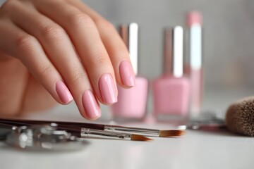 Female fingers applying pink nail polish, elegant manicure moment