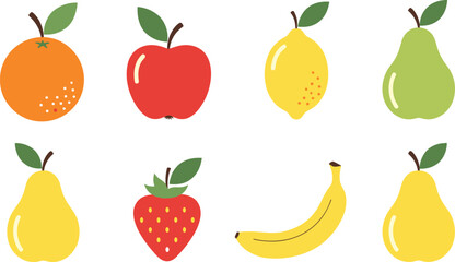 Colorful Cartoon Fruit Set with Apple, Banana, Pear, Lemon, Strawberry, and Orange for Healthy Food, Kids, and Nutrition Design
