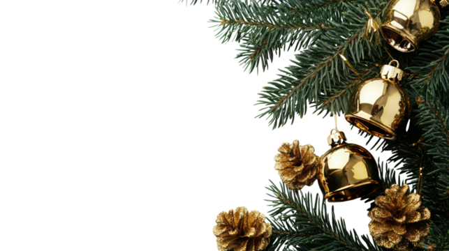 Golden Christmas Bells Fir Branches isolated on a transparent background