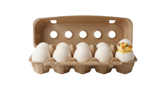 Isolated cardboard egg carton with a newly hatched chick and eggs ready to cook, poultry