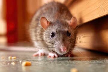 Close-up of a rat eating crumbs on a dirty kitchen floor