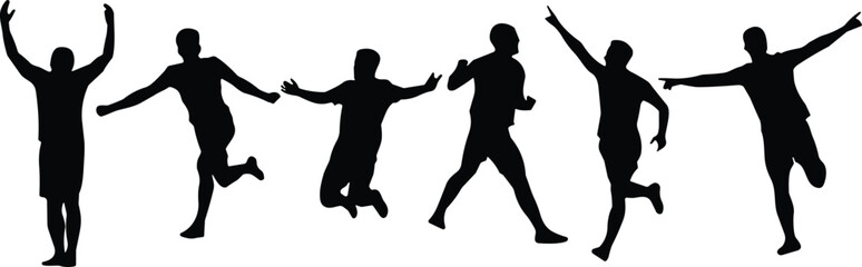 Silhouette people jumping, dancing, celebrating success, active poses, energetic movement, black figures on white background, joy, freedom, achievement, motion